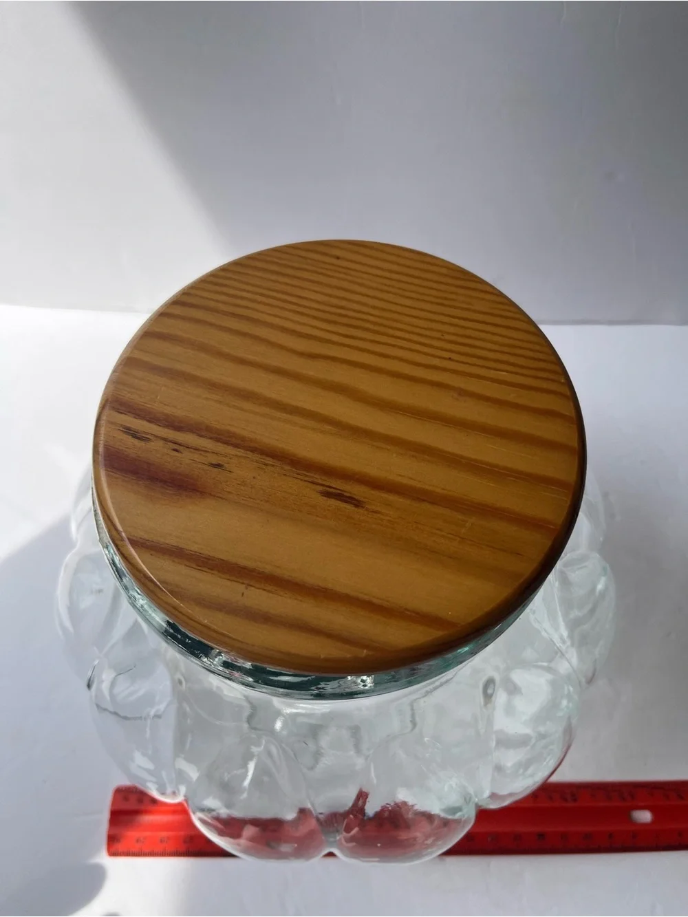 Vintage Pumpkin Potbelly Glass Apothecary Jar. Wood Lid. Canister 7.75